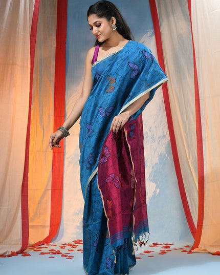 DESH BIDESH Elegant Blue & Purple Abstract Printed Festive Saree with Unstitched Blouse