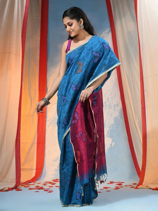 DESH BIDESH Elegant Blue & Purple Abstract Printed Festive Saree with Unstitched Blouse