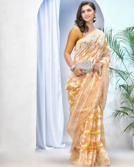 DESH BIDESH Women's Off-White Pure Cotton Jamdani Saree with Floral Woven Design