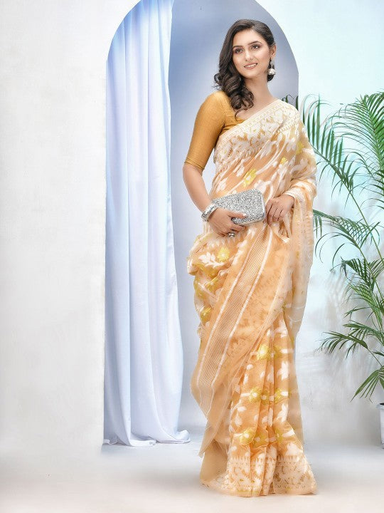 DESH BIDESH Women's Off-White Pure Cotton Jamdani Saree with Floral Woven Design