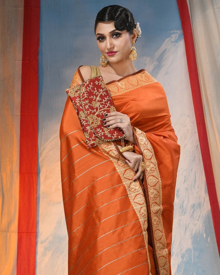 DESH BIDESH Orange Silk Blend Ethnic Motifs Zari Saree with Unstitched Blouse Piece