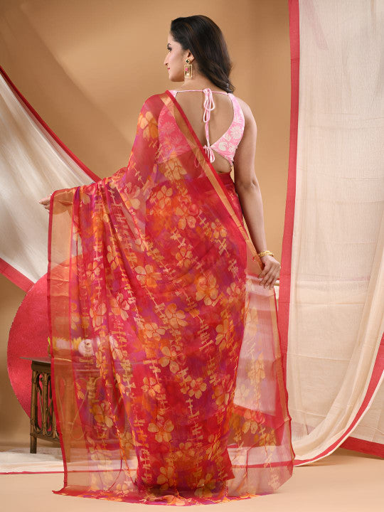 Floral Printed Zari Bandhani Saree