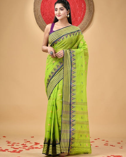 Women's Floral Pure Cotton Handloom Taant Saree in Green and Blue