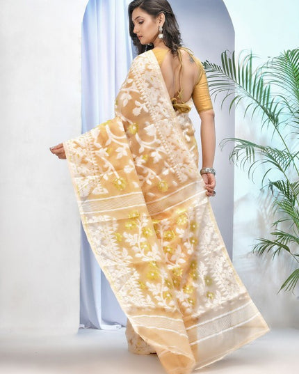 DESH BIDESH Women's Off-White Pure Cotton Jamdani Saree with Floral Woven Design