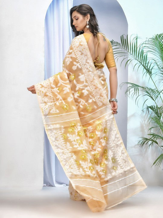 DESH BIDESH Women's Off-White Pure Cotton Jamdani Saree with Floral Woven Design