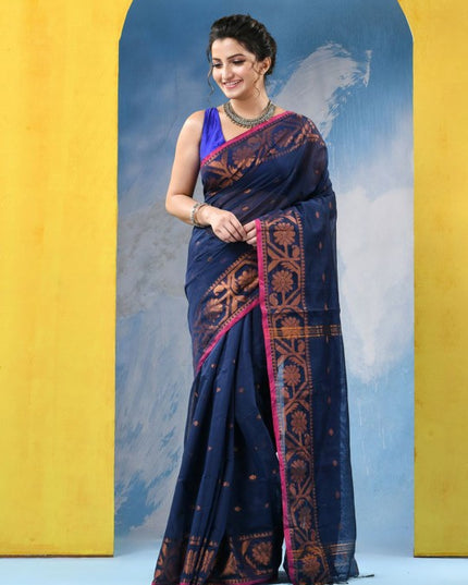 DESH BIDESH Women's Navy Blue & Pink Woven Design Zari Cotton Blend Saree
