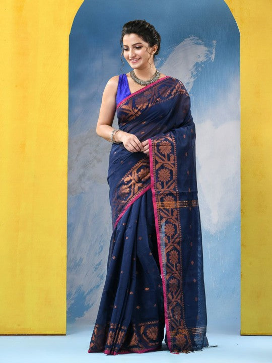 DESH BIDESH Women's Navy Blue & Pink Woven Design Zari Cotton Blend Saree