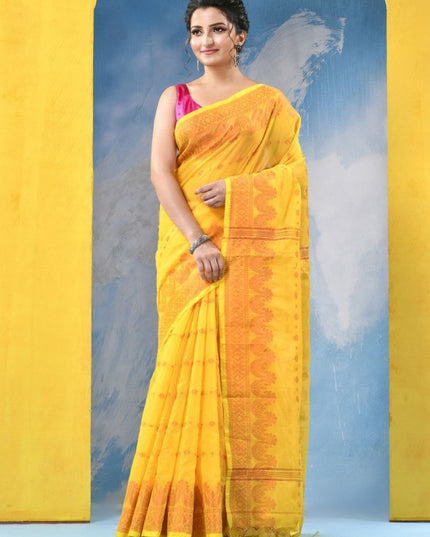 DESH BIDESH Yellow Orange Floral Woven Design Zari Saree with Unstitched Blouse Piece