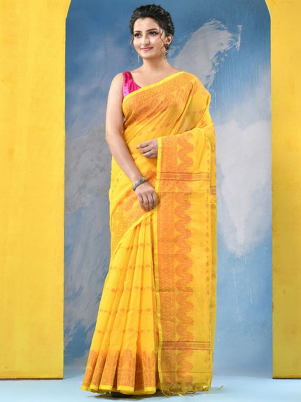 DESH BIDESH Yellow Orange Floral Woven Design Zari Saree with Unstitched Blouse Piece