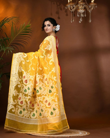 Exquisite Yellow Jamdani Saree with Woven Zari Design, Cotton Blend