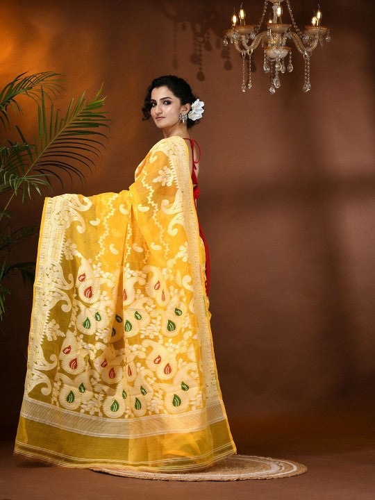 Exquisite Yellow Jamdani Saree with Woven Zari Design, Cotton Blend