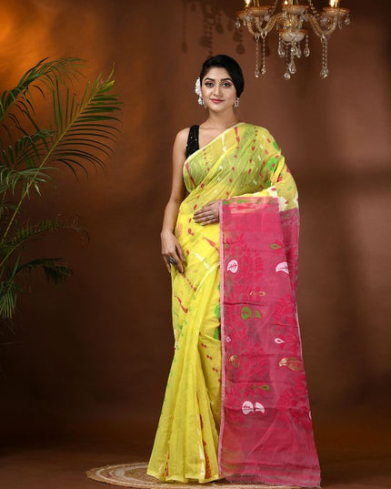 DESH BIDESH Yellow and Pink Jamdani Saree with Ethnic Motifs