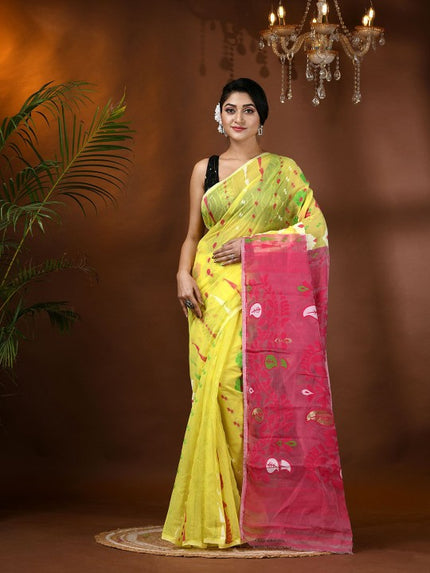 DESH BIDESH Yellow and Pink Jamdani Saree with Ethnic Motifs