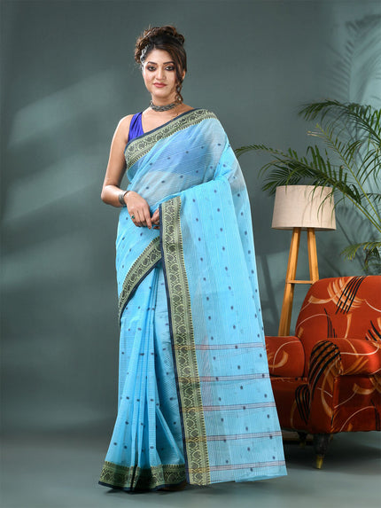 DESH BIDESH Striped Pure Cotton Taant Saree with an unstitched blouse piece