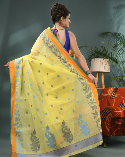 Yellow Pure Cotton Handloom Botanic Design Tant Saree (No Blouse Piece)
