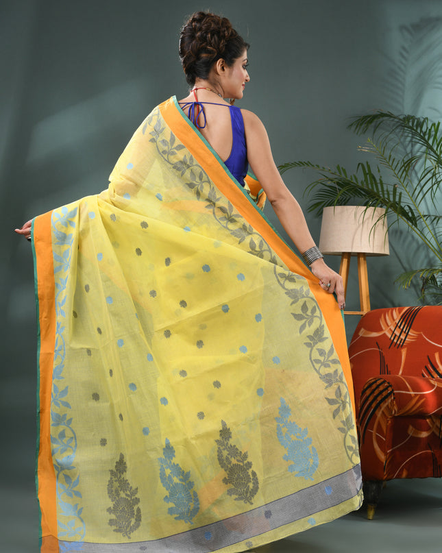 Yellow Pure Cotton Handloom Botanic Design Tant Saree (No Blouse Piece)