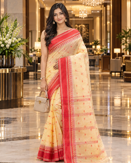 Cream-Coloured Red Woven Design Pure Cotton Handloom Taant Saree