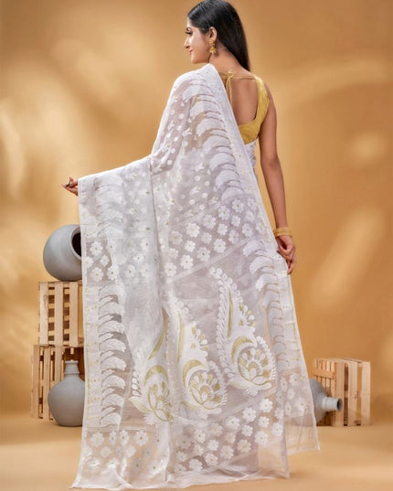 Exquisite White & Gold Pure Cotton Jamdani Saree with Woven Zari Border