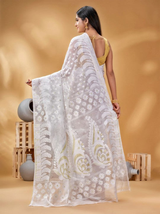 Exquisite White & Gold Pure Cotton Jamdani Saree with Woven Zari Border