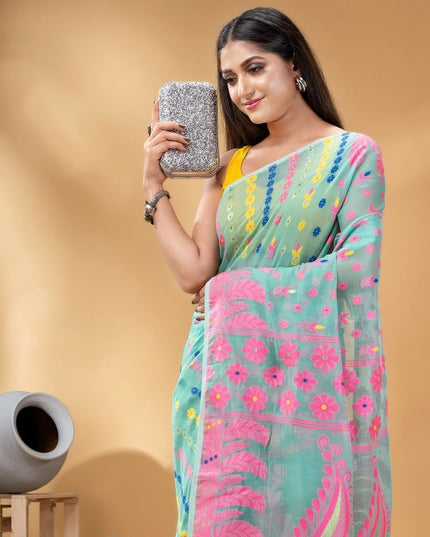DESH BIDESH Turquoise Blue Pink Pure Cotton Jamdani Saree with Ethnic Motifs