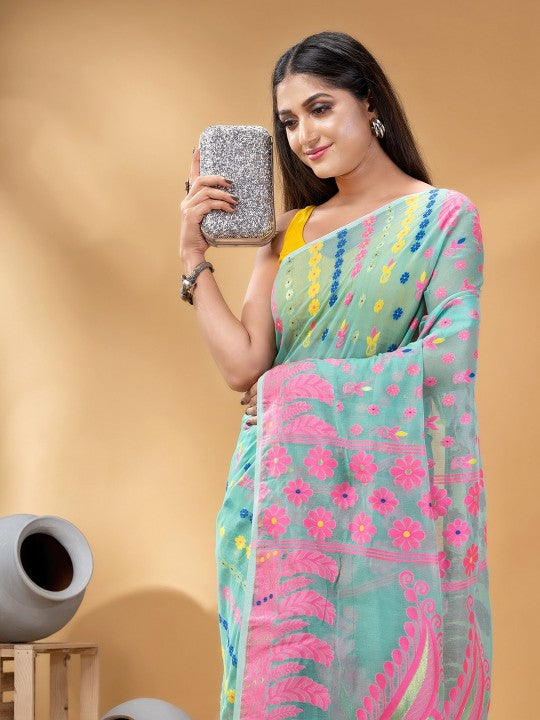 DESH BIDESH Turquoise Blue Pink Pure Cotton Jamdani Saree with Ethnic Motifs