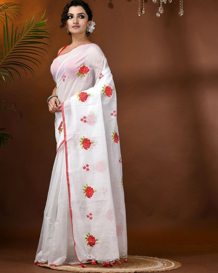 DESH BIDESH Elegant Floral Embroidered White Cotton Blend Saree with Blouse Piece