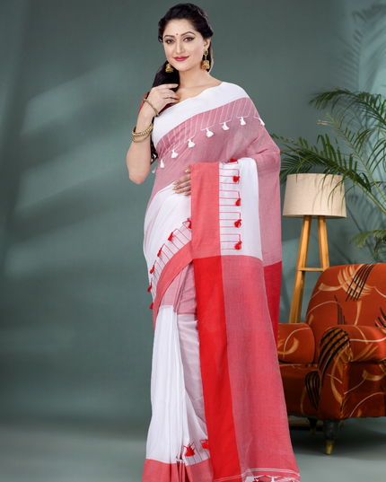 Red & White Pom Pom Design Bengali Tant Pure Cotton Saree for Women