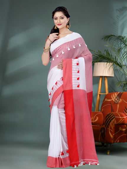 Red & White Pom Pom Design Bengali Tant Pure Cotton Saree for Women