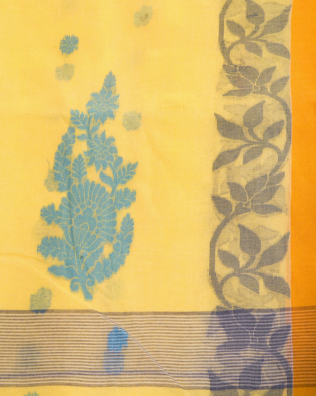 Yellow Pure Cotton Handloom Botanic Design Tant Saree (No Blouse Piece)
