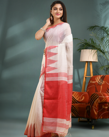 Women's Traditional Bengali Handloom Tant Pure Cotton Saree with Blouse Piece Temple Par Design