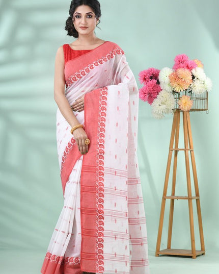 DESH BIDESH Elegant White & Red Woven Paisley Pure Cotton Saree for Women
