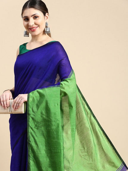Exquisite Striped Silk Cotton Saree in Royal Blue and Lush Green