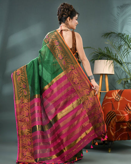 DESH BIDESH Elegant Green Gold Pink Kanjeevaram Silk Cotton Saree