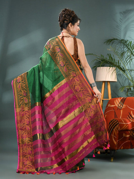 DESH BIDESH Elegant Green Gold Pink Kanjeevaram Silk Cotton Saree