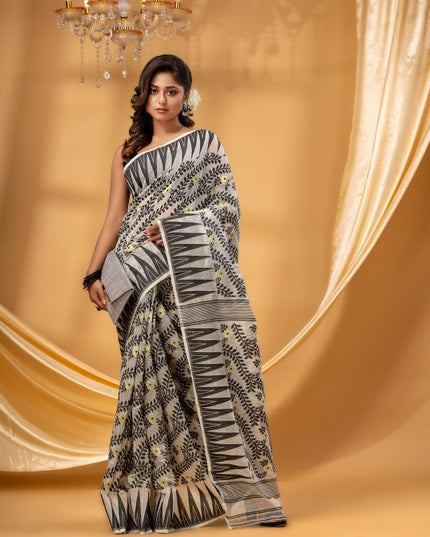 DESH BIDESH Classic Pure Cotton Jamdani Saree with Intricate Woven Design