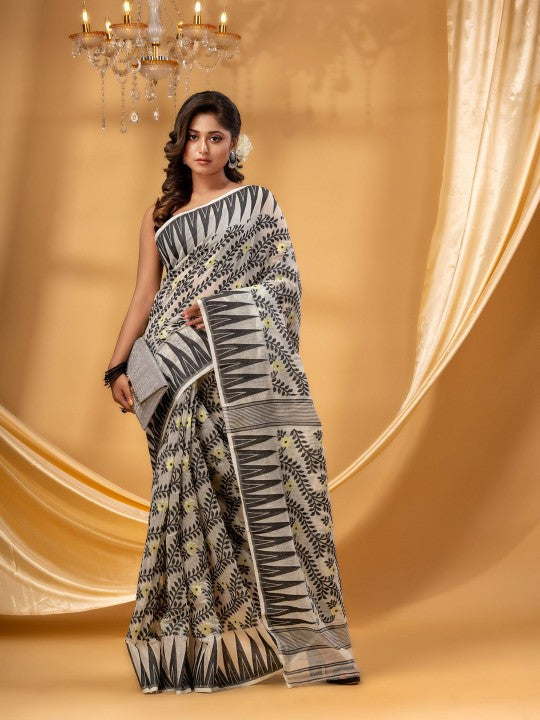 DESH BIDESH Classic Pure Cotton Jamdani Saree with Intricate Woven Design