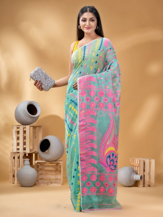 DESH BIDESH Turquoise Blue Pink Pure Cotton Jamdani Saree with Ethnic Motifs