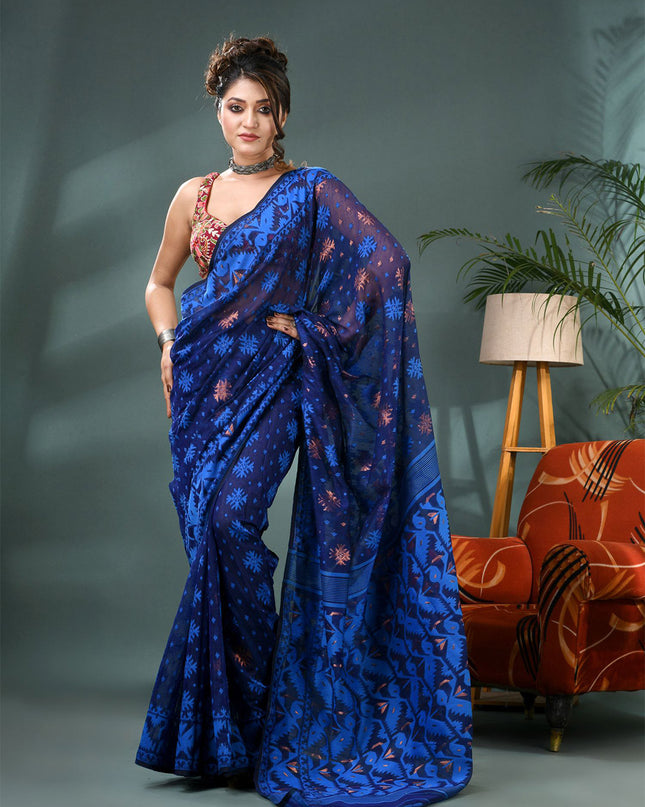 Elegant Blue Jamdani Saree with Woven Ethnic Motifs and Zari Work