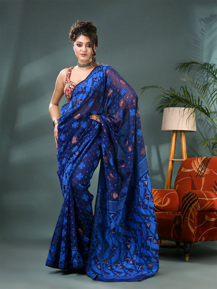 Elegant Blue Jamdani Saree with Woven Ethnic Motifs and Zari Work