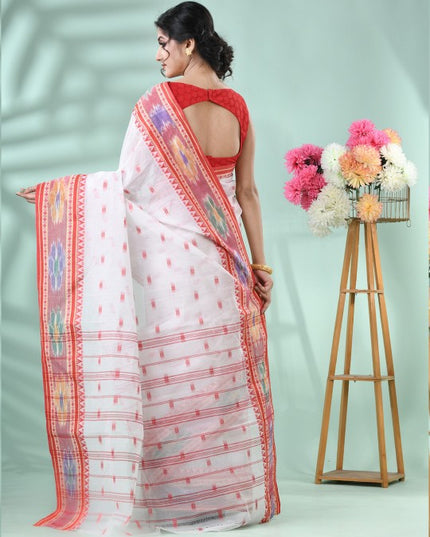 Exquisite White & Red Woven Pure Cotton Tant Saree with Intricate Border