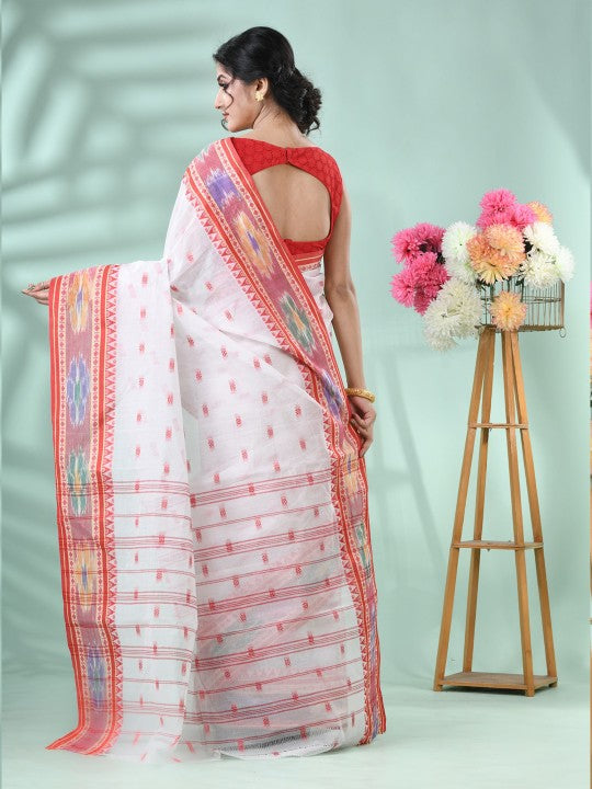 Exquisite White & Red Woven Pure Cotton Tant Saree with Intricate Border