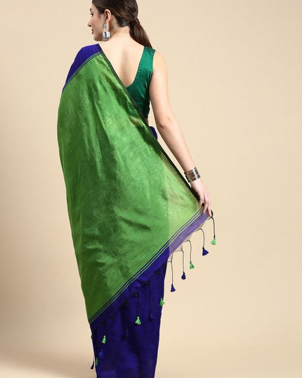 Exquisite Striped Silk Cotton Saree in Royal Blue and Lush Green
