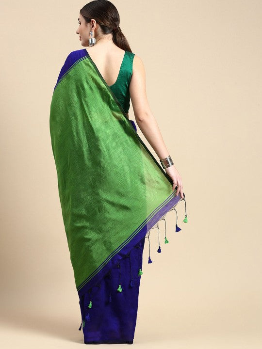 Exquisite Striped Silk Cotton Saree in Royal Blue and Lush Green