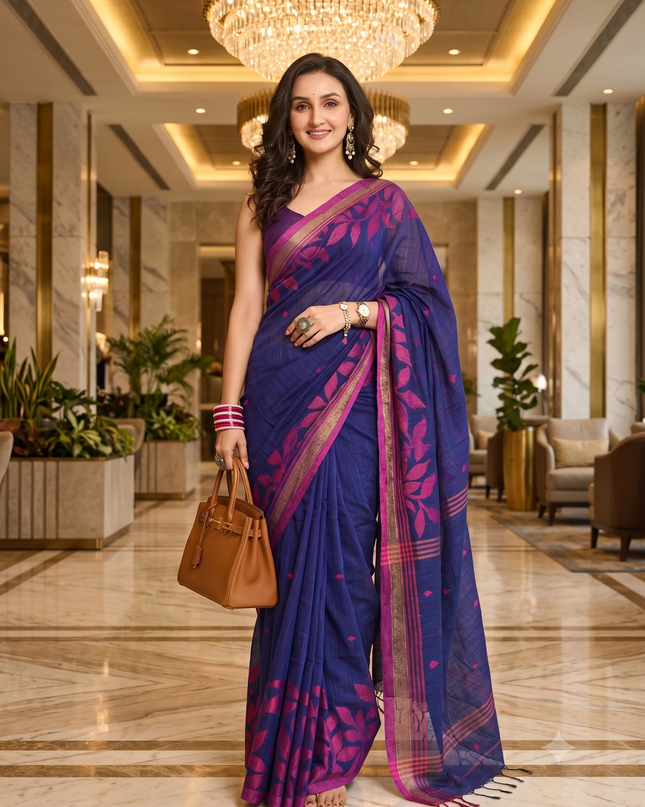 dB DESH BIDESH Women`s Cotton Linen Saree with Unstitched Blouse Piece and Floral Printed Pattern | Women Saree for Special Occasion | Stylish Fancy Cotton Silk Sarees (Blue Saree)