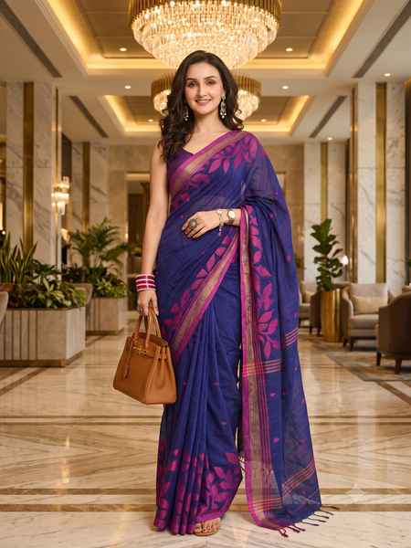 dB DESH BIDESH Women`s Cotton Linen Saree with Unstitched Blouse Piece and Floral Printed Pattern | Women Saree for Special Occasion | Stylish Fancy Cotton Silk Sarees (Blue Saree)