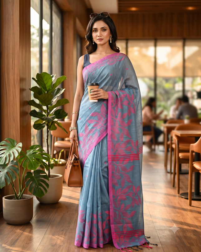 dB DESH BIDESH Women`s Cotton Linen Saree with Unstitched Blouse Piece and Floral Printed Pattern | Women Saree for Special Occasion | Stylish Fancy Cotton Silk Sarees (Sky Blue Saree)