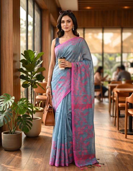 dB DESH BIDESH Women`s Cotton Linen Saree with Unstitched Blouse Piece and Floral Printed Pattern | Women Saree for Special Occasion | Stylish Fancy Cotton Silk Sarees (Sky Blue Saree)