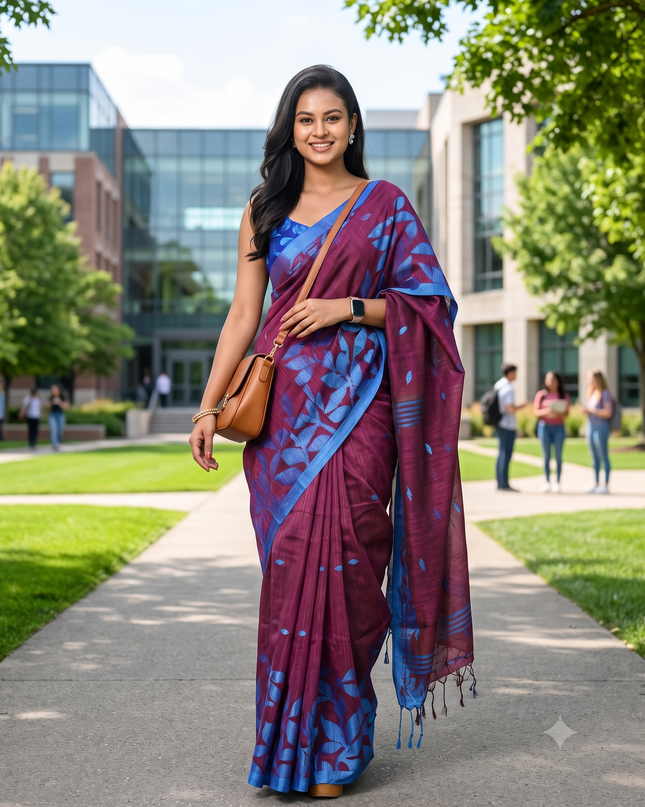 dB DESH BIDESH Women`s Cotton Linen Saree with Unstitched Blouse Piece and Floral Printed Pattern | Women Saree for Special Occasion | Stylish Fancy Cotton Silk Sarees (Wine Red)