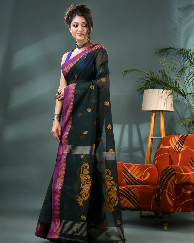 Women Cotton Handloom Tant Midnight Flora Design Saree – Dark Green
