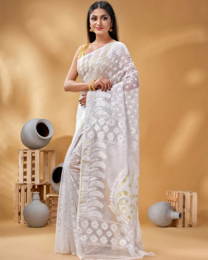Exquisite White & Gold Pure Cotton Jamdani Saree with Woven Zari Border